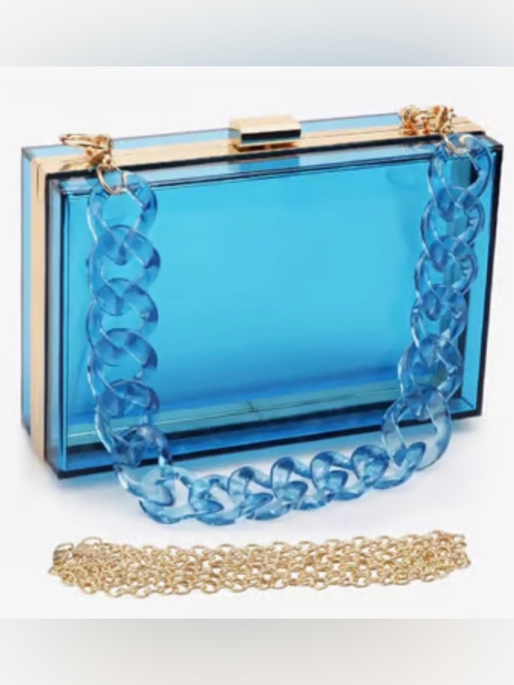 Amazon Blue Acrylic Box Clutch with Gold Chain and Chunky Acrylic Handle